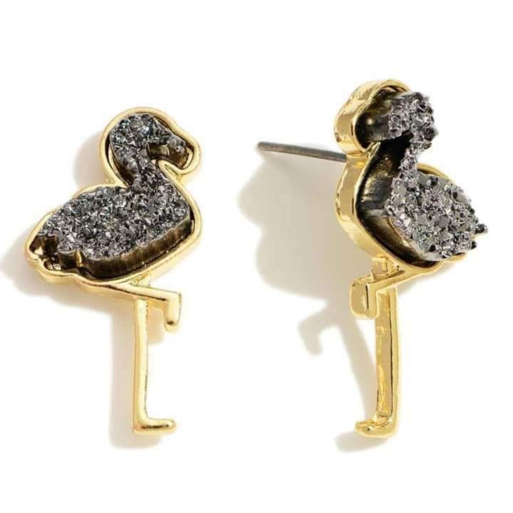 Hematite Druzy Flamingo Earrings